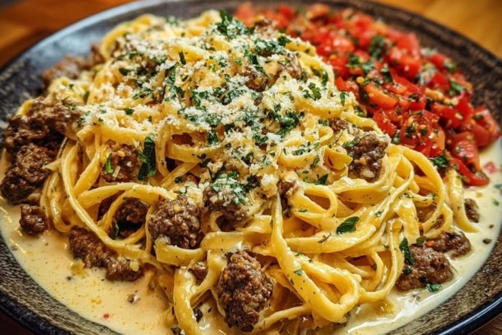 Cajun Beef Linguine in Creamy Velveeta Parmesan Garlic Sauce
