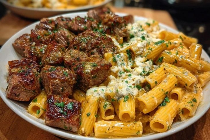 Cheesy Garlic Butter Steak with Rigatoni in Four-Cheese Sauce