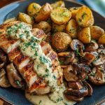Chestnut Garlic Greek Chicken Alfredo with Sage Potatoes & Mushroom Basil Pesto Cream
