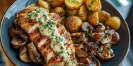 Chestnut Garlic Greek Chicken Alfredo with Sage Potatoes & Mushroom Basil Pesto Cream