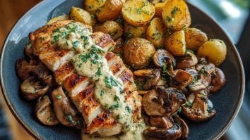 Chestnut Garlic Greek Chicken Alfredo with Sage Potatoes & Mushroom Basil Pesto Cream