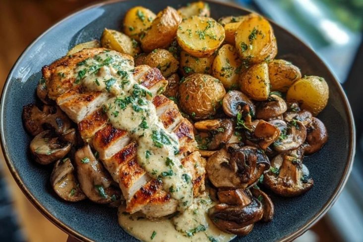 Chestnut Garlic Greek Chicken Alfredo with Sage Potatoes & Mushroom Basil Pesto Cream