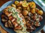 Chestnut Garlic Greek Chicken Alfredo with Sage Potatoes & Mushroom Basil Pesto Cream