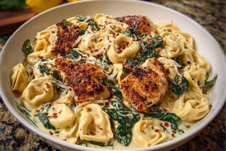 Creamy Chicken Tortellini with Spinach and Garlic Parmesan Cheese