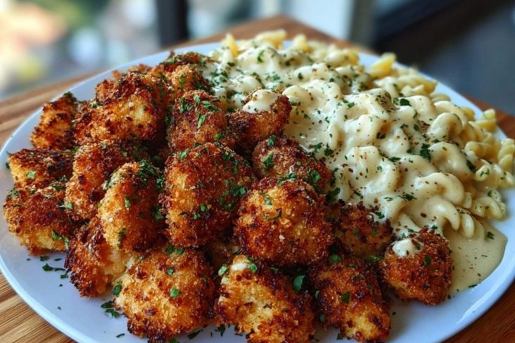 Crispy Parmesan Chicken Bites with Smoky Cajun Alfredo Gemelli