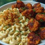 Garlic Butter Chicken Bites & Cajun Alfredo Mac with Crispy Onion Topping