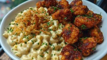 Garlic Butter Chicken Bites & Cajun Alfredo Mac with Crispy Onion Topping