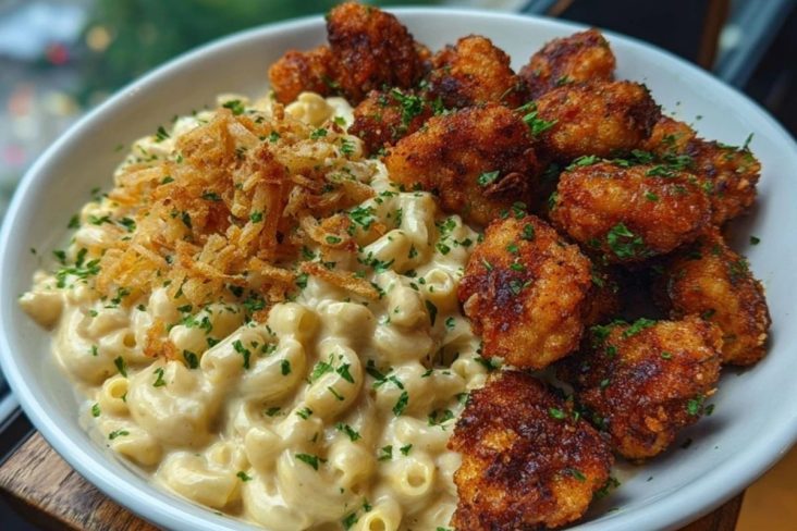Garlic Butter Chicken Bites & Cajun Alfredo Mac with Crispy Onion Topping