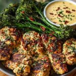 Garlic-Parmesan Chicken Bites with Sun-Dried Tomato Cajun Alfredo and Charred Broccolini
