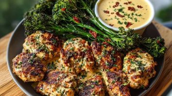 Garlic-Parmesan Chicken Bites with Sun-Dried Tomato Cajun Alfredo and Charred Broccolini