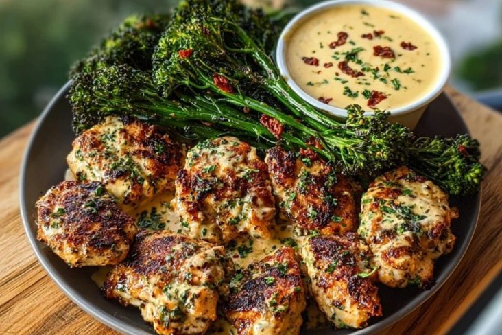 Garlic-Parmesan Chicken Bites with Sun-Dried Tomato Cajun Alfredo and Charred Broccolini