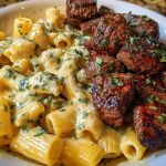 Rigatoni in Garlic Butter Parmesan Cream Sauce with Cajun Steak Tips