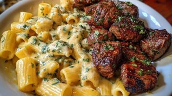 Rigatoni in Garlic Butter Parmesan Cream Sauce with Cajun Steak Tips