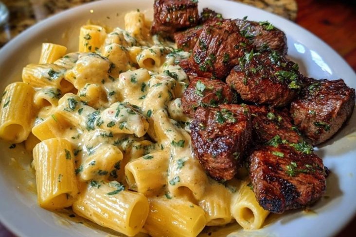 Rigatoni in Garlic Butter Parmesan Cream Sauce with Cajun Steak Tips