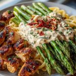 Savory Greek Chili Chicken Alfredo Recipe with Smoked Feta Cream & Crispy Parmesan Asparagus