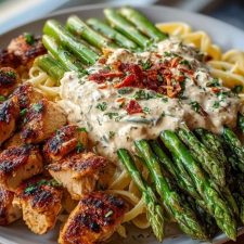 Savory Greek Chili Chicken Alfredo Recipe with Smoked Feta Cream & Crispy Parmesan Asparagus