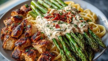 Savory Greek Chili Chicken Alfredo Recipe with Smoked Feta Cream & Crispy Parmesan Asparagus