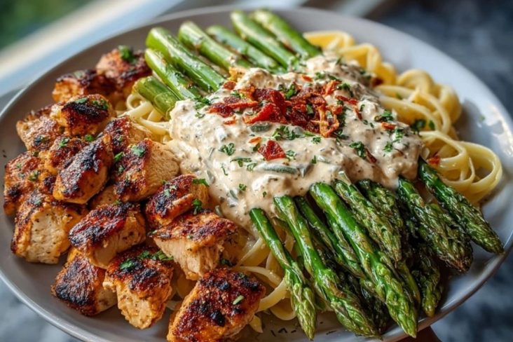 Savory Greek Chili Chicken Alfredo Recipe with Smoked Feta Cream & Crispy Parmesan Asparagus