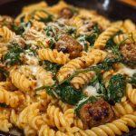 Weeknight Garlic Butter Rotini with Beef, Italian Sausage and Spinach
