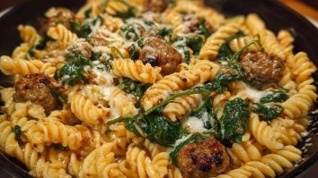 Weeknight Garlic Butter Rotini with Beef, Italian Sausage and Spinach
