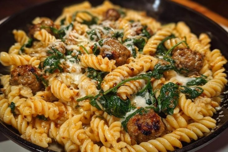 Weeknight Garlic Butter Rotini with Beef, Italian Sausage and Spinach