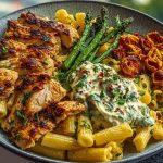 Zesty Greek Chicken Pasta with Spicy Harissa Feta Cream & Roasted Asparagus Crisps