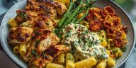 Zesty Greek Chicken Pasta with Spicy Harissa Feta Cream & Roasted Asparagus Crisps