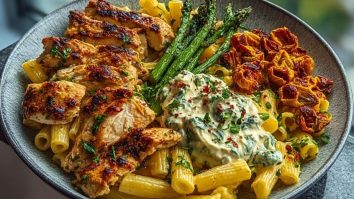 Zesty Greek Chicken Pasta with Spicy Harissa Feta Cream & Roasted Asparagus Crisps