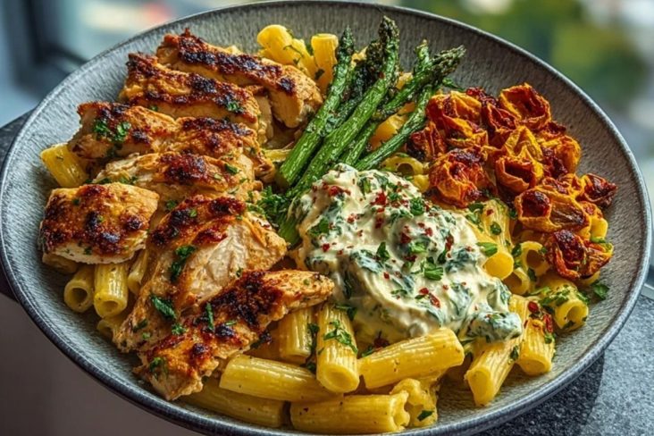 Zesty Greek Chicken Pasta with Spicy Harissa Feta Cream & Roasted Asparagus Crisps