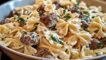 Beef and Bowtie Pasta with Alfredo Sauce