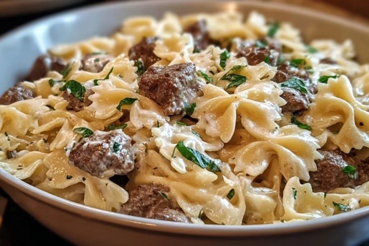 Beef and Bowtie Pasta with Alfredo Sauce
