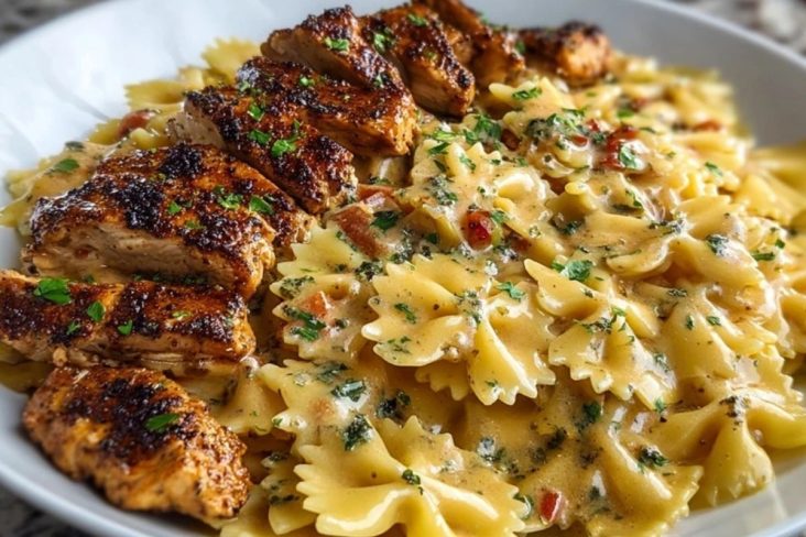 Bowtie Pasta with Creamy Cajun Chicken and Mozzarella Cheese Sauce