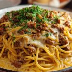 Cajun Beef Spaghetti in Creamy Three-Cheese Parmesan Sauce