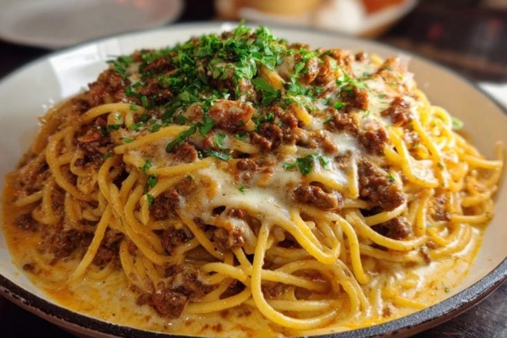 Cajun Beef Spaghetti in Creamy Three-Cheese Parmesan Sauce