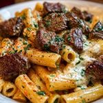 Cajun Garlic Butter Linguine with Tender Beef Strips Rigatoni