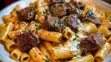 Cajun Garlic Butter Linguine with Tender Beef Strips Rigatoni