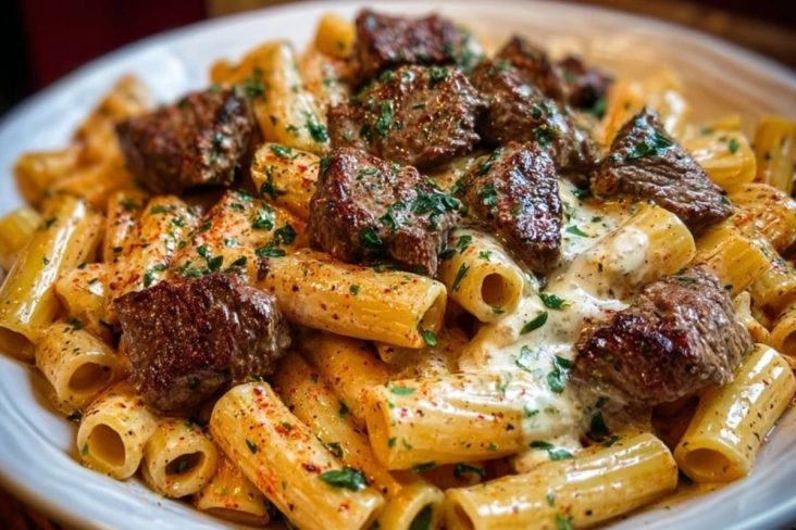 Cajun Garlic Butter Linguine with Tender Beef Strips Rigatoni