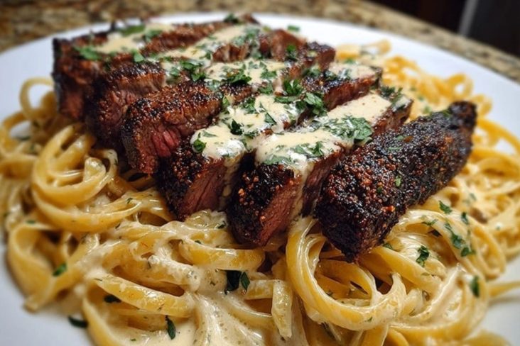 Cajun Garlic Butter Steak over Creamy Parmesan Linguine