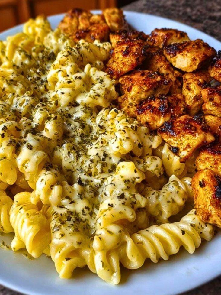 Cheesy Alfredo Twisted Pasta with Golden Garlic Butter Chicken in Creamy Sauce
