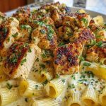 Cheesy Garlic Butter Chicken Bites with Rigatoni in Alfredo Sauce