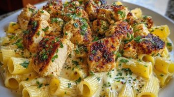 Cheesy Garlic Butter Chicken Bites with Rigatoni in Alfredo Sauce