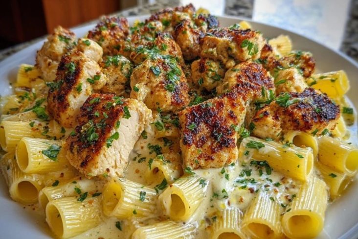 Cheesy Garlic Butter Chicken Bites with Rigatoni in Alfredo Sauce