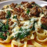 Cheesy Garlic Butter Linguine with Beef, Sausage and Spinach