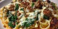Cheesy Garlic Butter Linguine with Beef, Sausage and Spinach