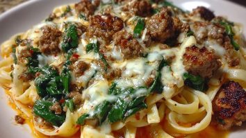 Cheesy Garlic Butter Linguine with Beef, Sausage and Spinach