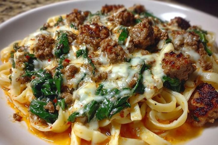 Cheesy Garlic Butter Linguine with Beef, Sausage and Spinach