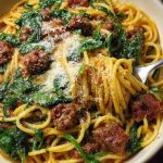 Cheesy Garlic Butter Spaghetti with Italian Sausage & Spinach