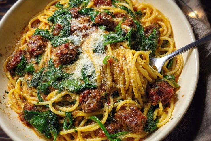 Cheesy Garlic Butter Spaghetti with Italian Sausage & Spinach