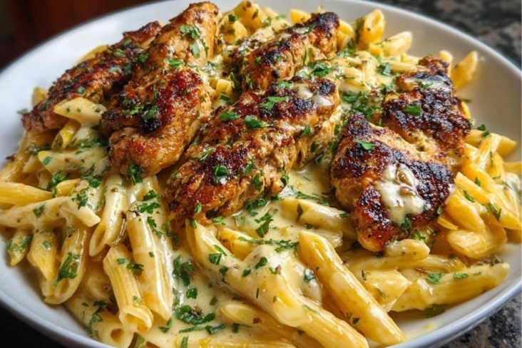 Cheesy Penne and Cajun Chicken in Garlic Parmesan Cream