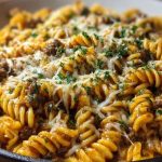 Cheesy Rotini Pasta with Garlic Butter Sauce and Ground Beef